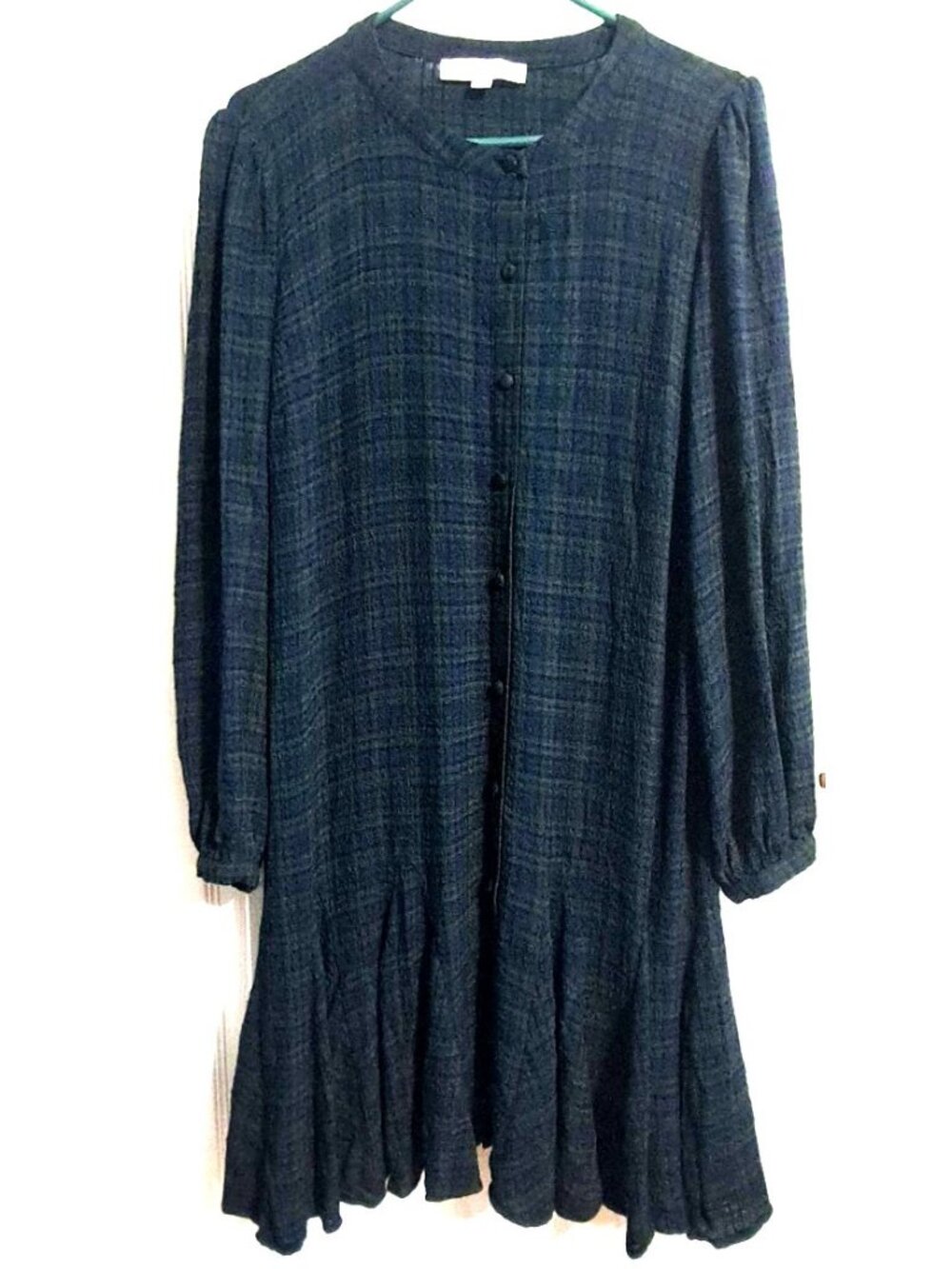 Loft Women's XL Long Sleeve Blackwatch Plaid Ruffle Hem Dress